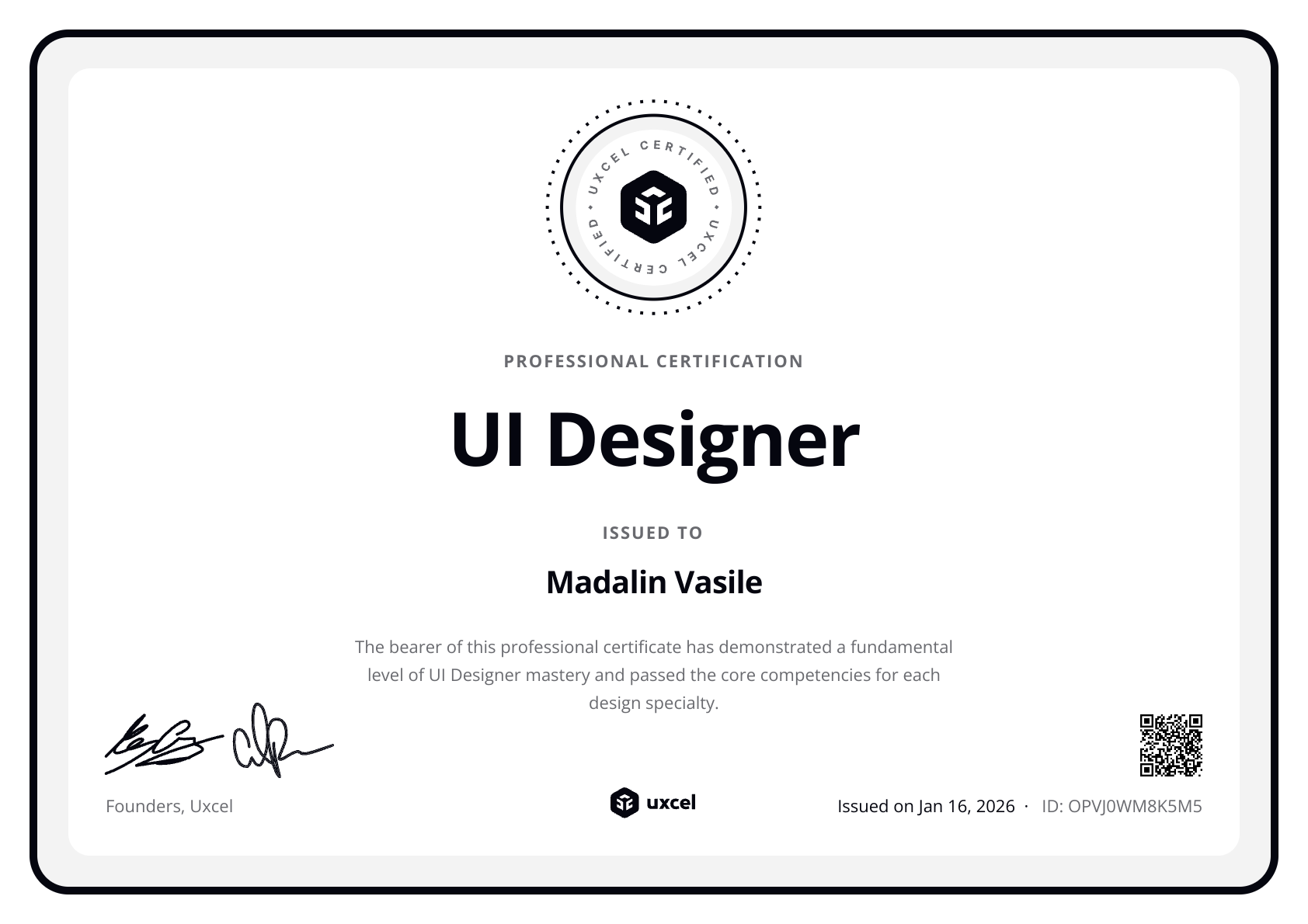 Madalin Vasile's certificate